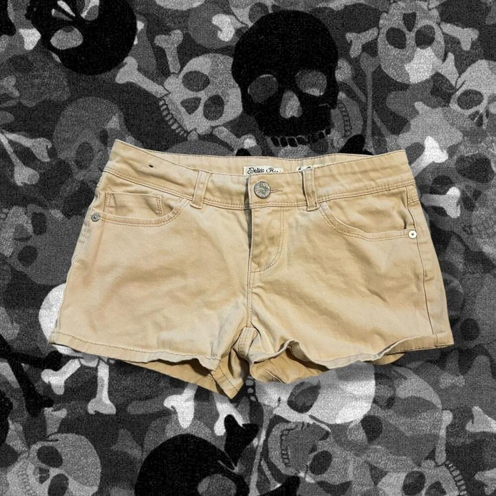 low-rise beige sand khaki micro embroidered back mini shorts
